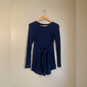 ANTHROPOLOGIE Postage Stamp Blue Pull Over  Sweater Long Line Faux Wrap Size Sm